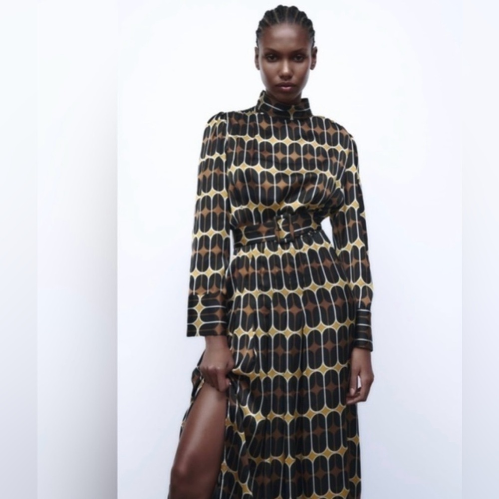 Zara Black and Gold Geometric Midi Dress